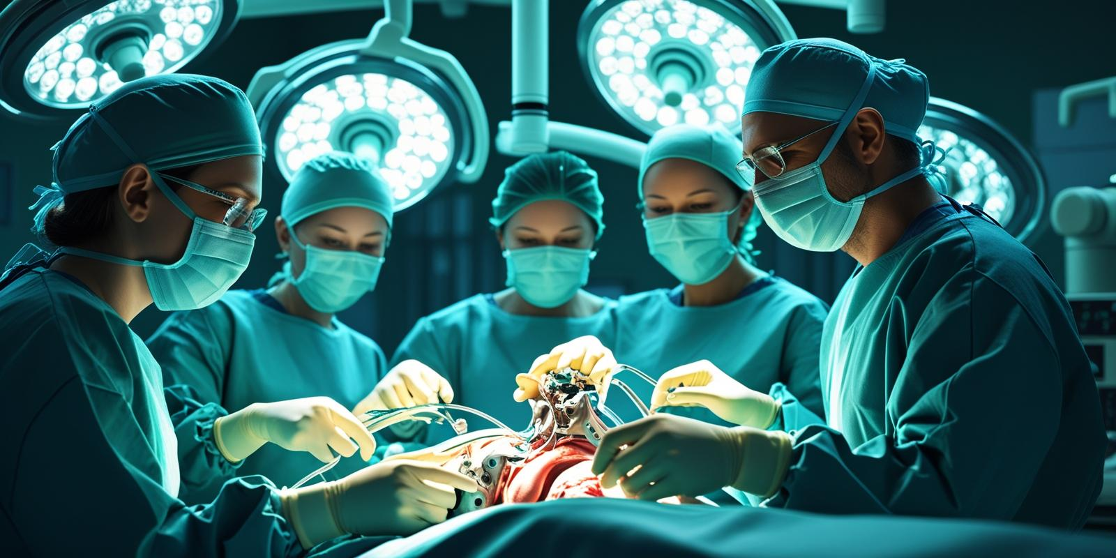 Modern operating room with a surgical team performing minimally invasive spine surgery using advanced robotic assistance, focused surgeons and nurses, high-tech medical devices, clean and sterile environment, realistic style.